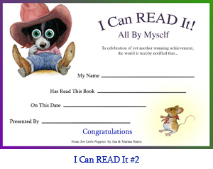‘I Can Read It All By Myself!’ Award Certificate.  Art of border collie puppy in cowboy hat with space for reader’s name, book title, parent or teacher’s name and presentation date.